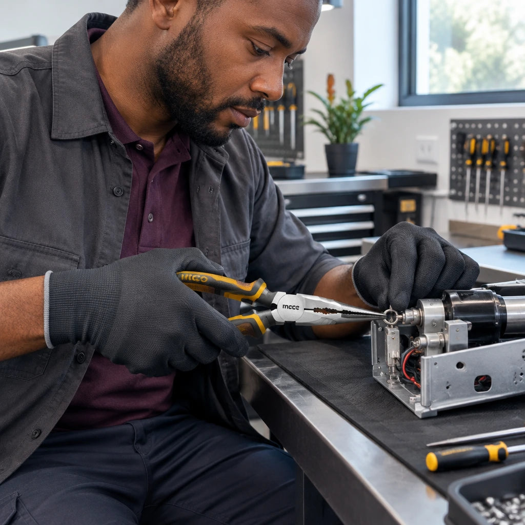 African American maintenance technician using Ingco long-nose pliers to hold a small part in a confined assembly.