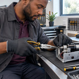 African American maintenance technician using Ingco long-nose pliers to hold a small part in a confined assembly.