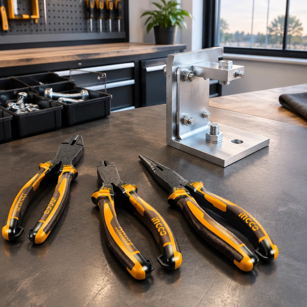 Completed small metal assembly beside the inactive Ingco HKCPS5836 three-piece compound-action pliers set on a service bench.
