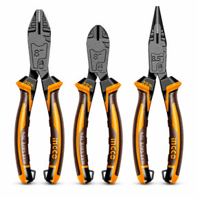 Ingco HKCPS5836 three-piece compound-action pliers set with combination, diagonal and long-nose pliers on white background.