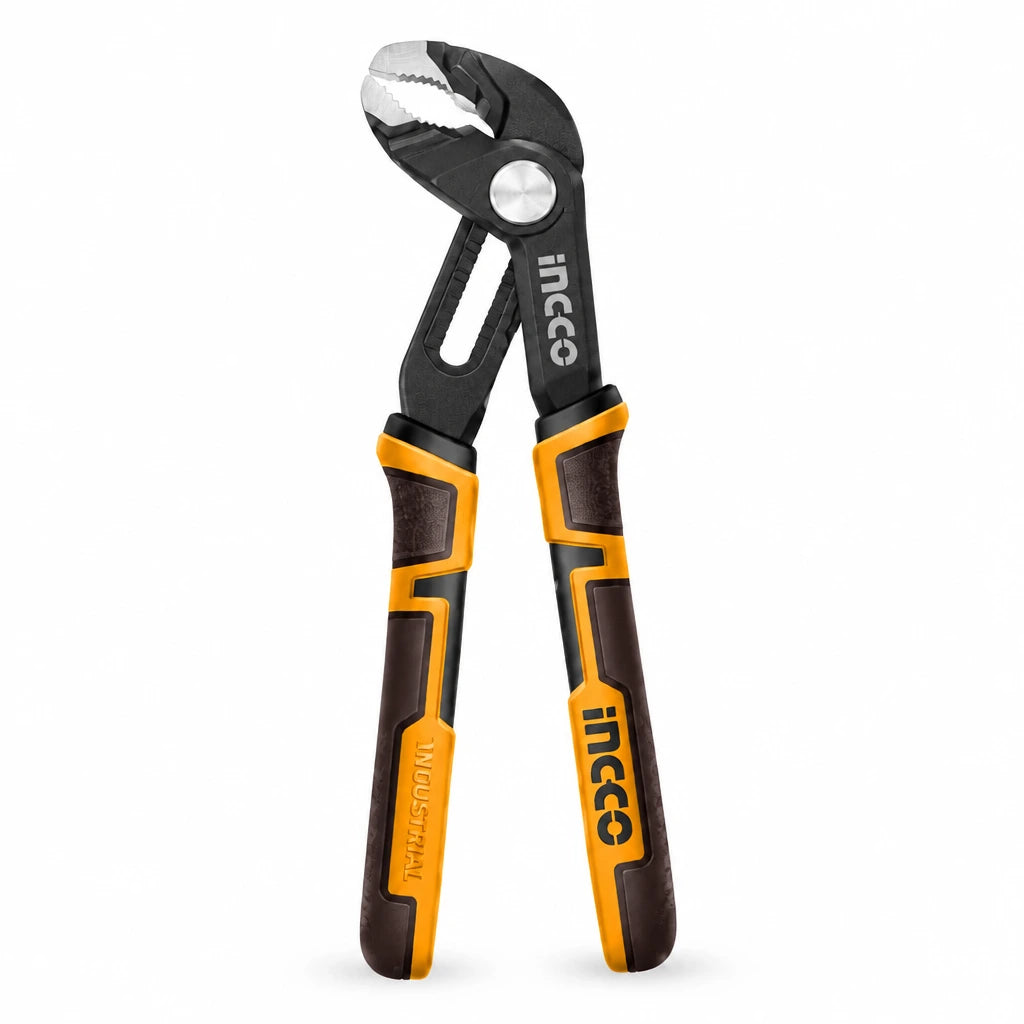 Ingco HPP38258 10-inch quick-open pump pliers with serrated Cr-V jaws and black yellow TPR handles on white