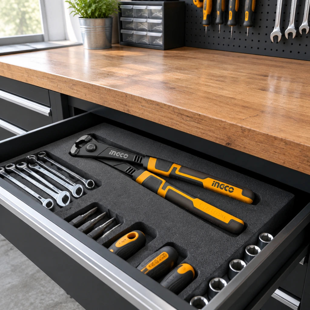 Ingco HHRP28230 rabbet pliers resting in an organized professional workshop tool drawer