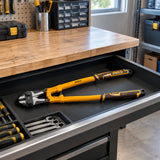 Ingco HBC0814 bolt cutter resting in an organised professional maintenance workbench drawer.