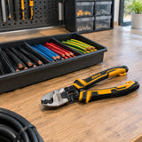 Prepared cable lengths arranged beside an Ingco HCCB0208 cable cutter on an electrical workbench