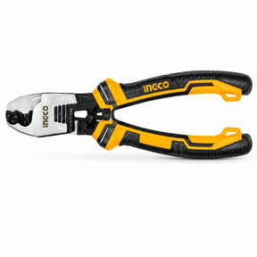 Ingco HCCB0208 200 mm Cr-V cable cutter with black, yellow and orange handles on white background