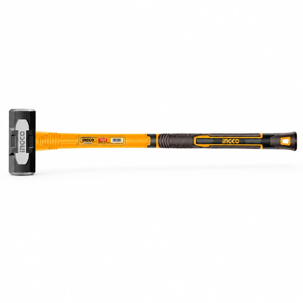 Ingco HSM81498 10 lb drop-forged sledgehammer with orange-and-black fibreglass handle on white background