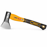 Ingco HAX081600 600g drop-forged axe with grey steel head and orange fibreglass handle on white background