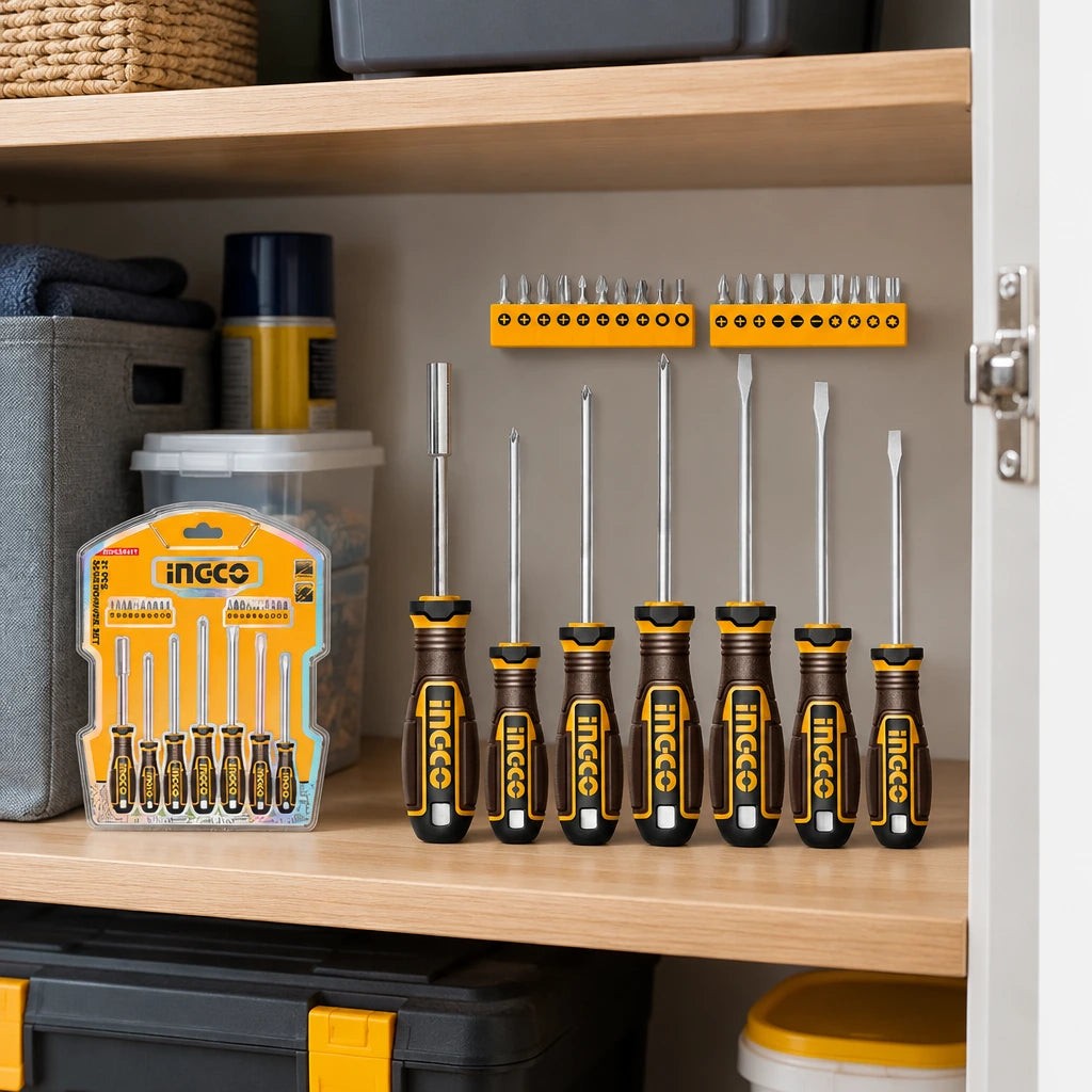 Ingco 27-piece screwdriver and bit set stored on an organised home utility cupboard shelf.