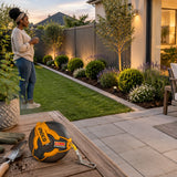 Completed patio garden bed with an Ingco HFMT1820 measuring tape resting nearby