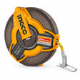 Ingco HFMT1820 20m x 15mm orange and black fibreglass measuring tape reel on a white background