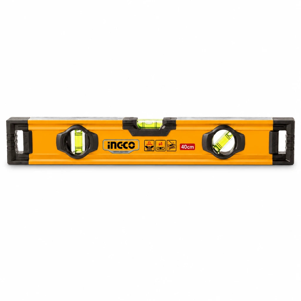 Ingco 40cm orange aluminium spirit level with three vials and black shock-resistant end caps on white