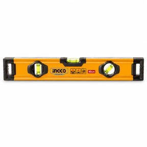 Ingco 40cm orange aluminium spirit level with three vials and black shock-resistant end caps on white