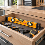 40cm Ingco aluminium spirit level stored in an organised home workshop drawer