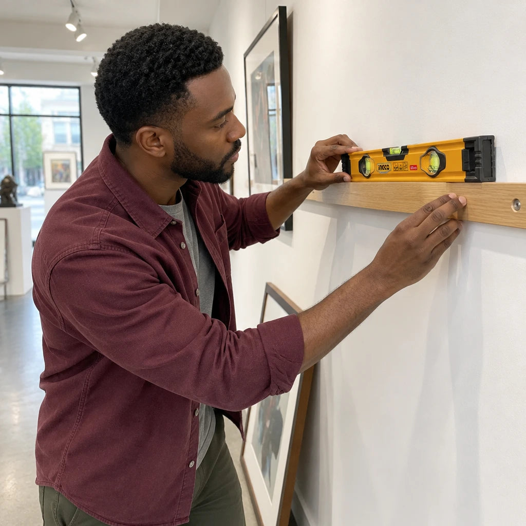 African American gallery installer using an Ingco 40cm spirit level to align a wall display rail