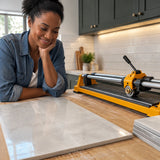 Prepared porcelain backsplash tile beside a compatible manual cutter fitted with an Ingco HTC04602B replacement scoring wheel.