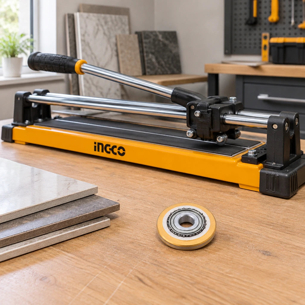 Ingco replacement tile cutter scoring wheel resting beside a compatible manual tile cutter on an organized installation workbench.