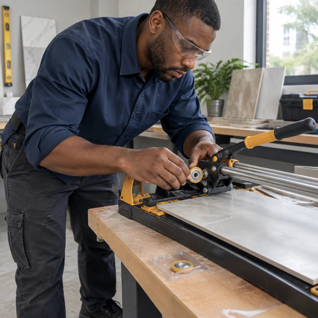 African American tile installer fitting an Ingco HTC04602B ball-bearing scoring wheel onto a compatible manual tile cutter.