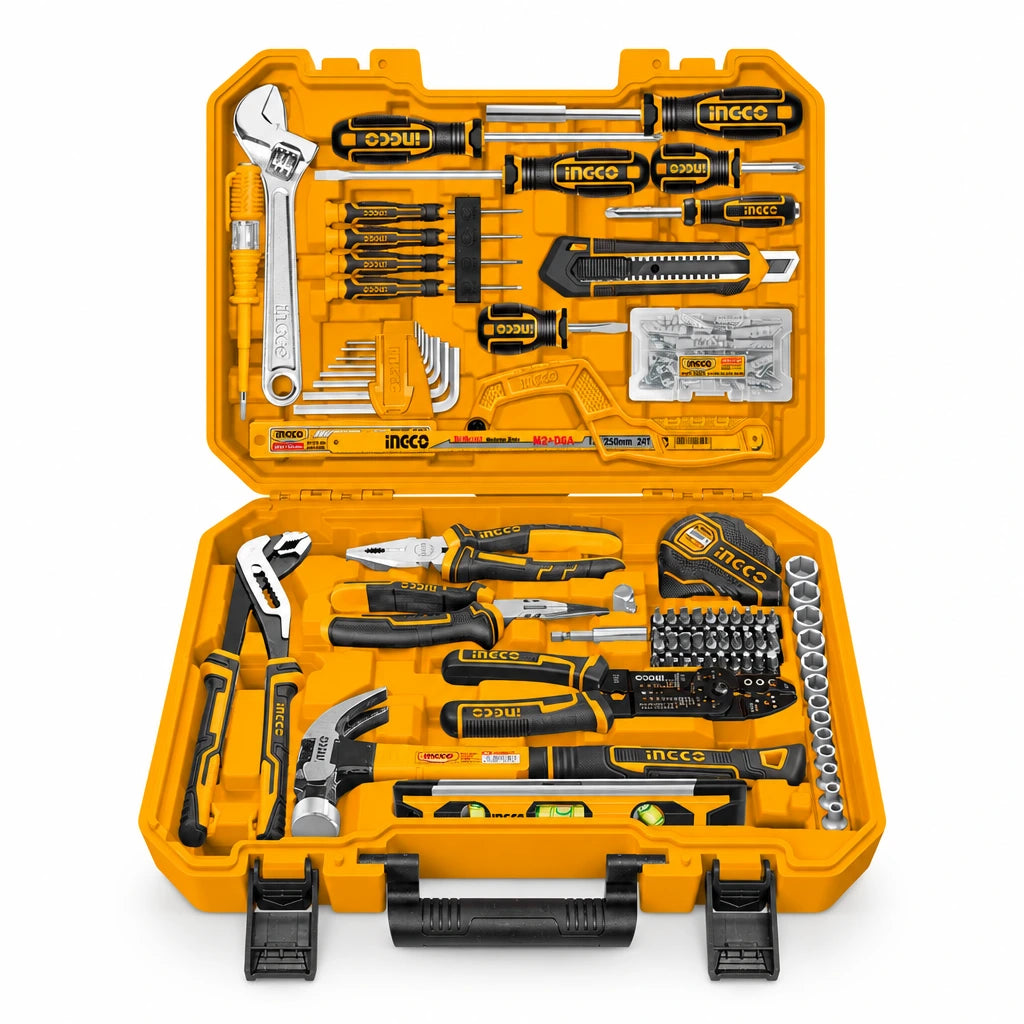 Ingco HKTHP51758 175-piece hand tool set open in its orange carrying case on a white background.