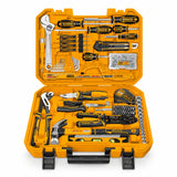 Ingco HKTHP51758 175-piece hand tool set open in its orange carrying case on a white background.