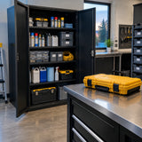 Completed metal storage cabinet in an organized facilities room with the closed yellow Ingco HKTHP21391 tool case nearby.
