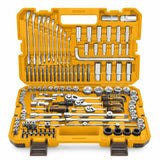 Open Ingco HKTHP21391 139-piece combination tool set in its yellow molded case with ratchets, sockets, spanners and driver bits.