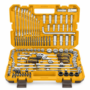 Open Ingco HKTHP21391 139-piece combination tool set in its yellow molded case with ratchets, sockets, spanners and driver bits.
