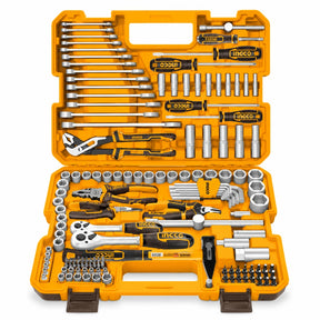 Ingco HKTHP51498 149-piece combination tool set displayed open in its orange molded case on a white background.