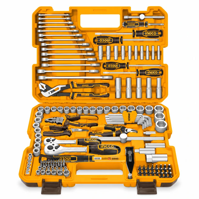 Ingco HKTHP51498 149-piece combination tool set displayed open in its orange molded case on a white background.