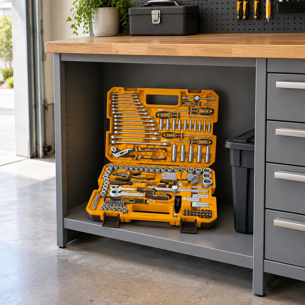 Open Ingco HKTHP51498 tool set stored on a shelf in an organized contemporary home garage.