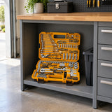 Open Ingco HKTHP51498 tool set stored on a shelf in an organized contemporary home garage.
