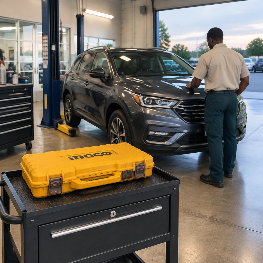 Completed vehicle service bay with a closed Ingco HKTHP51828 tool set on a cart beside a ready vehicle.