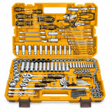 Open Ingco HKTHP51828 182-piece combination tool set in its yellow molded case on a white background.