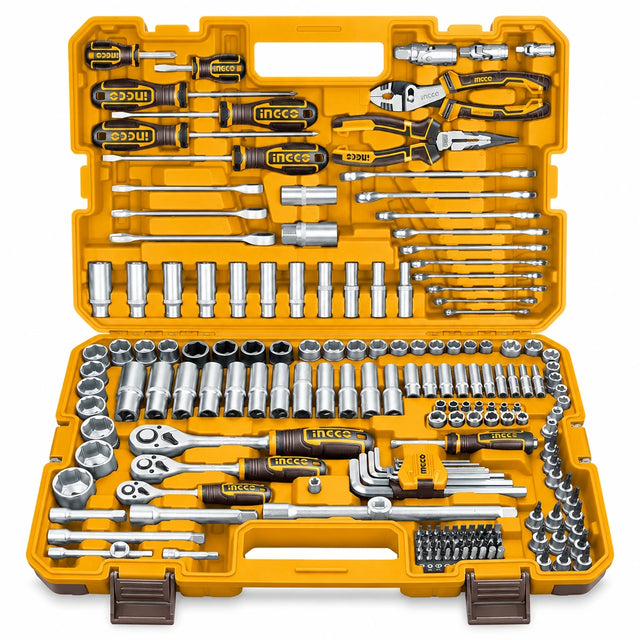 Open Ingco HKTHP51828 182-piece combination tool set in its yellow molded case on a white background.