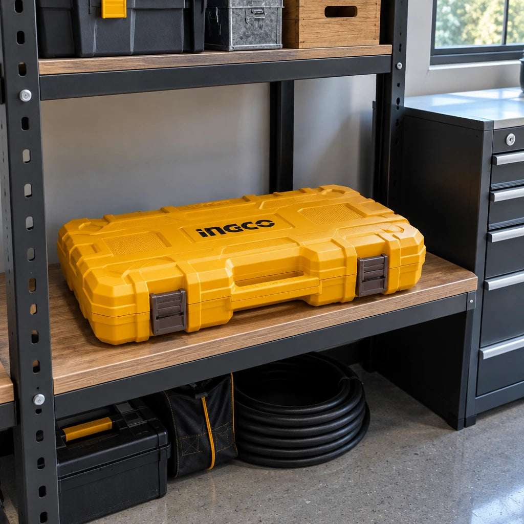 Closed Ingco HKTHP51828 tool set stored on a shelf in an organized contemporary home garage workshop.