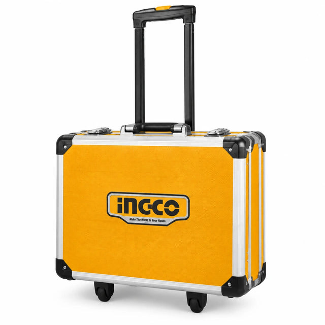 Ingco HKTHP52288 228-piece hand tool set in a yellow wheeled aluminium trolley case on white