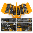 Ingco HTCS261168 orange 116-piece folding steel tool chest opened to display its organised hand tools on a white background
