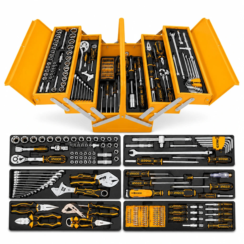 Ingco HTCS261168 orange 116-piece folding steel tool chest opened to display its organised hand tools on a white background