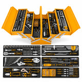 Ingco HTCS261168 orange 116-piece folding steel tool chest opened to display its organised hand tools on a white background