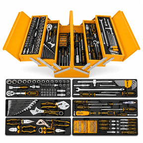 Ingco HTCS261168 orange 116-piece folding steel tool chest opened to display its organised hand tools on a white background