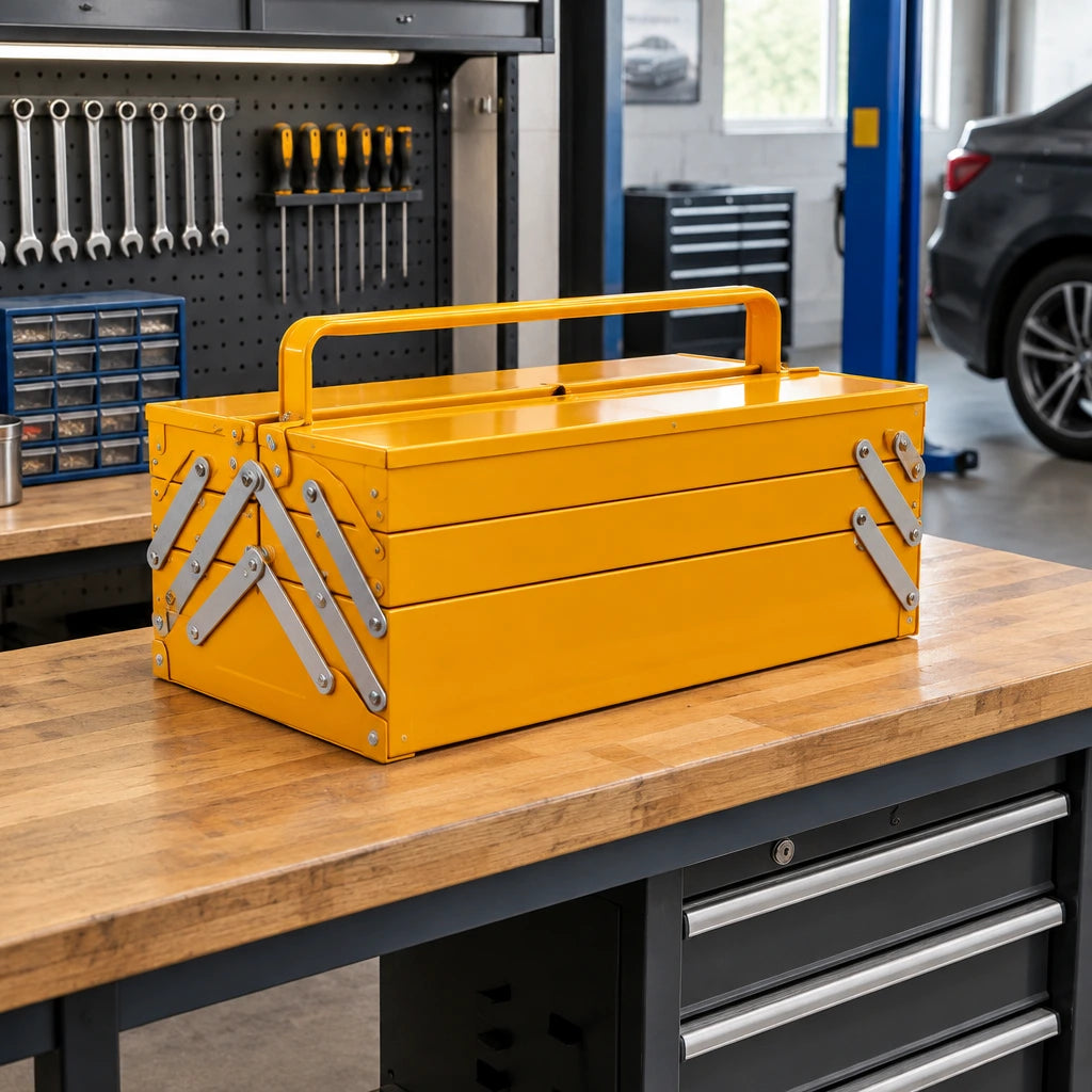 Closed Ingco HTCS261168 orange tool chest stored on a workbench in an organised automotive workshop