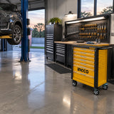 Serviced workshop equipment ready for use beside a closed Ingco HTCS273561 rolling tool chest