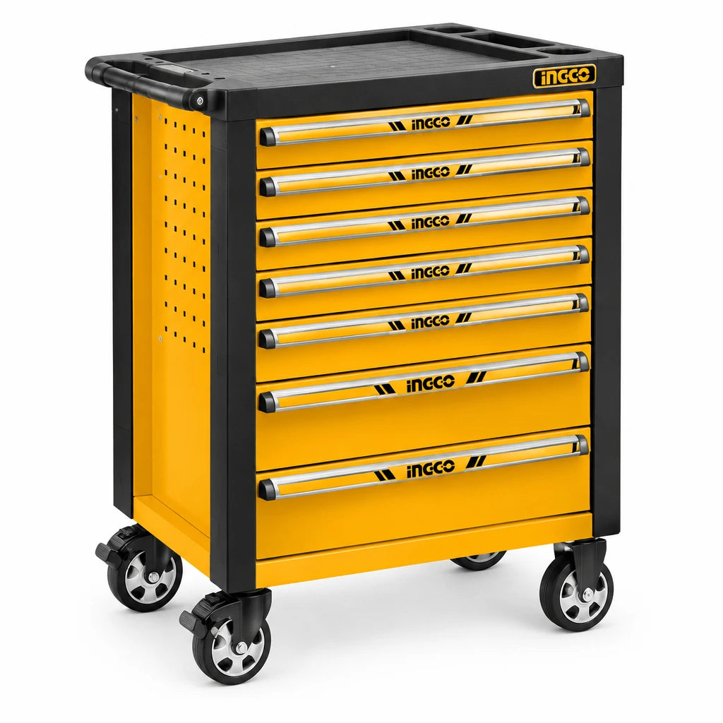 Ingco HTCS273561 356-piece yellow and black seven-drawer rolling tool chest on a white background
