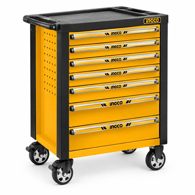 Ingco HTCS273561 356-piece yellow and black seven-drawer rolling tool chest on a white background