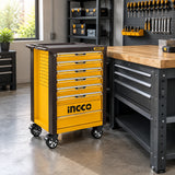 Closed Ingco HTCS273561 rolling tool chest parked beside a workbench in an organised workshop