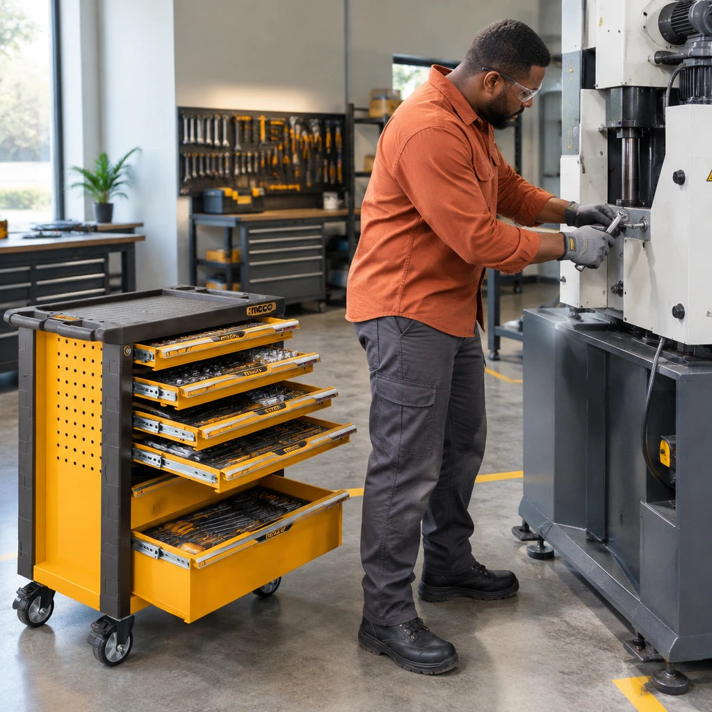 African American maintenance technician using a ratchet from the Ingco HTCS273561 tool chest on a workshop machine