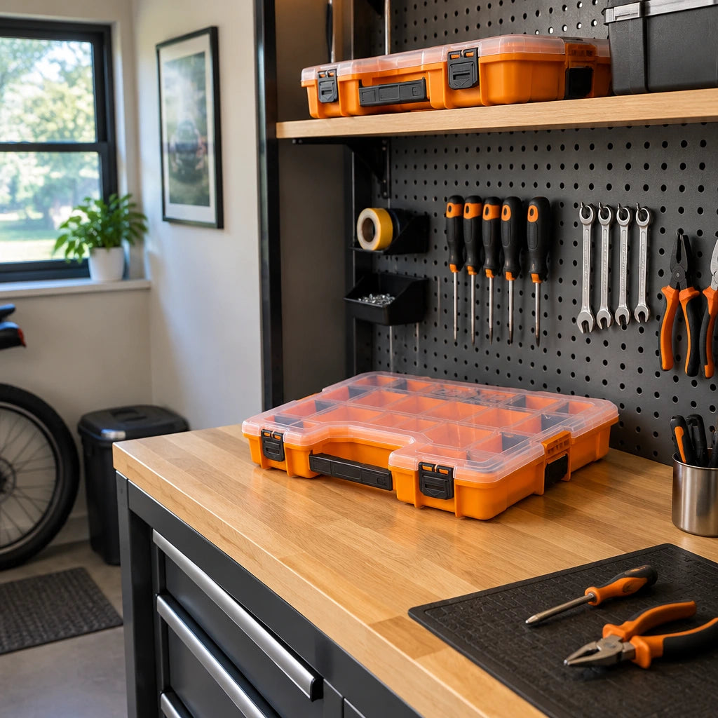 Closed Ingco PBX1711 organiser keeping small hardware accessible beside a completed home utility station