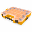 Ingco PBX1711 17-inch orange plastic organiser with translucent lid, black latches and separated compartments on white background