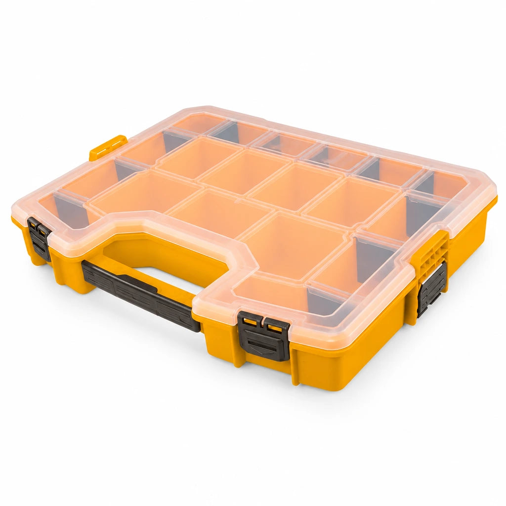 Ingco PBX1711 17-inch orange plastic organiser with translucent lid, black latches and separated compartments on white background