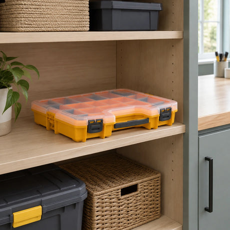 Closed Ingco PBX1711 orange compartment organiser stored on a shelf in a contemporary home utility room