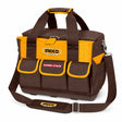 Ingco HTBG12 16-inch brown and orange polyester tool bag with shoulder strap and reinforced base on a white background